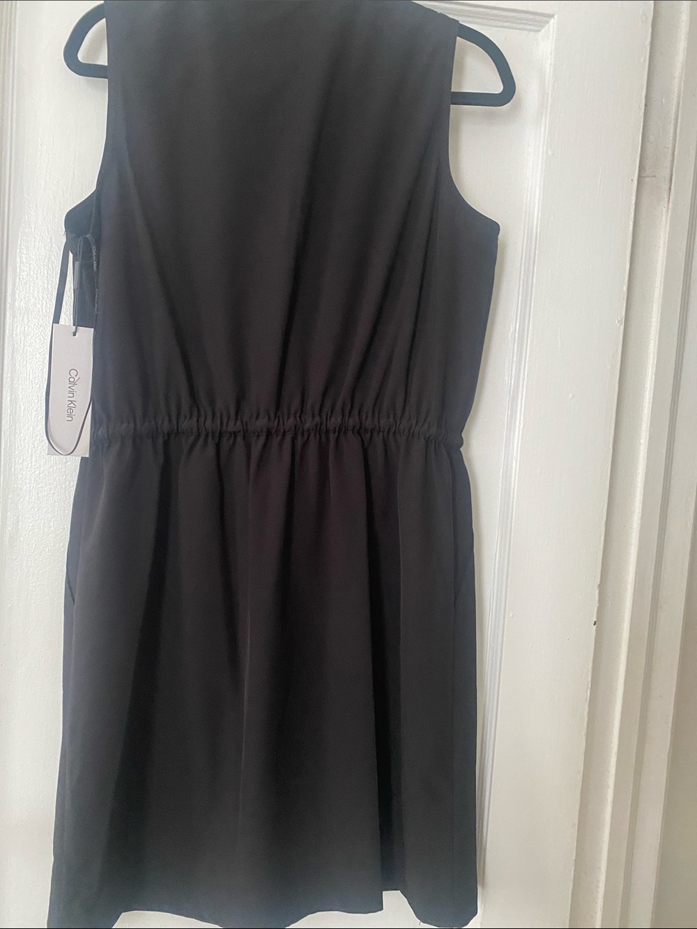 Calvin Klein Black Sleeveless V-Neck Midi Dress with Drawstring Waist - Picture 11 of 14